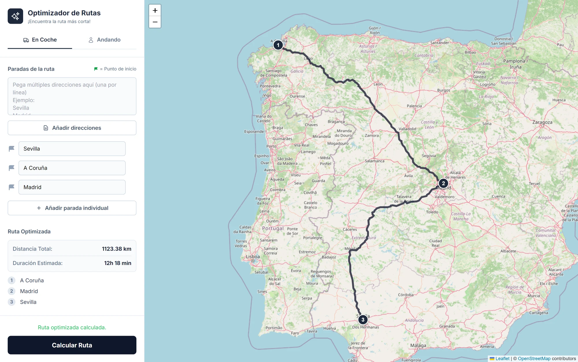 Ruta optimizada entre A Coruña, Madrid y Sevilla
